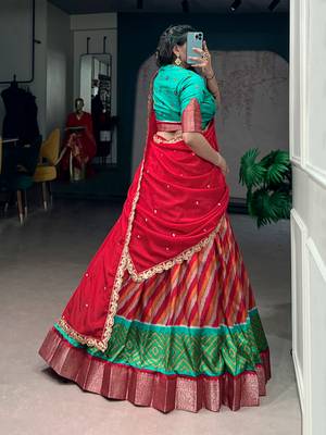 Women Leheriya Print Tasar Silk Lehenga Set with Zari Work & Chinon Sequins Dupatta 3