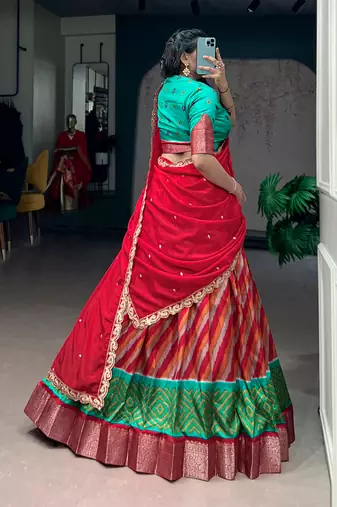 Women Traditional Leheriya Print Tasar Silk Lehenga Set with Zari Work & Chinon Sequins Dupatta