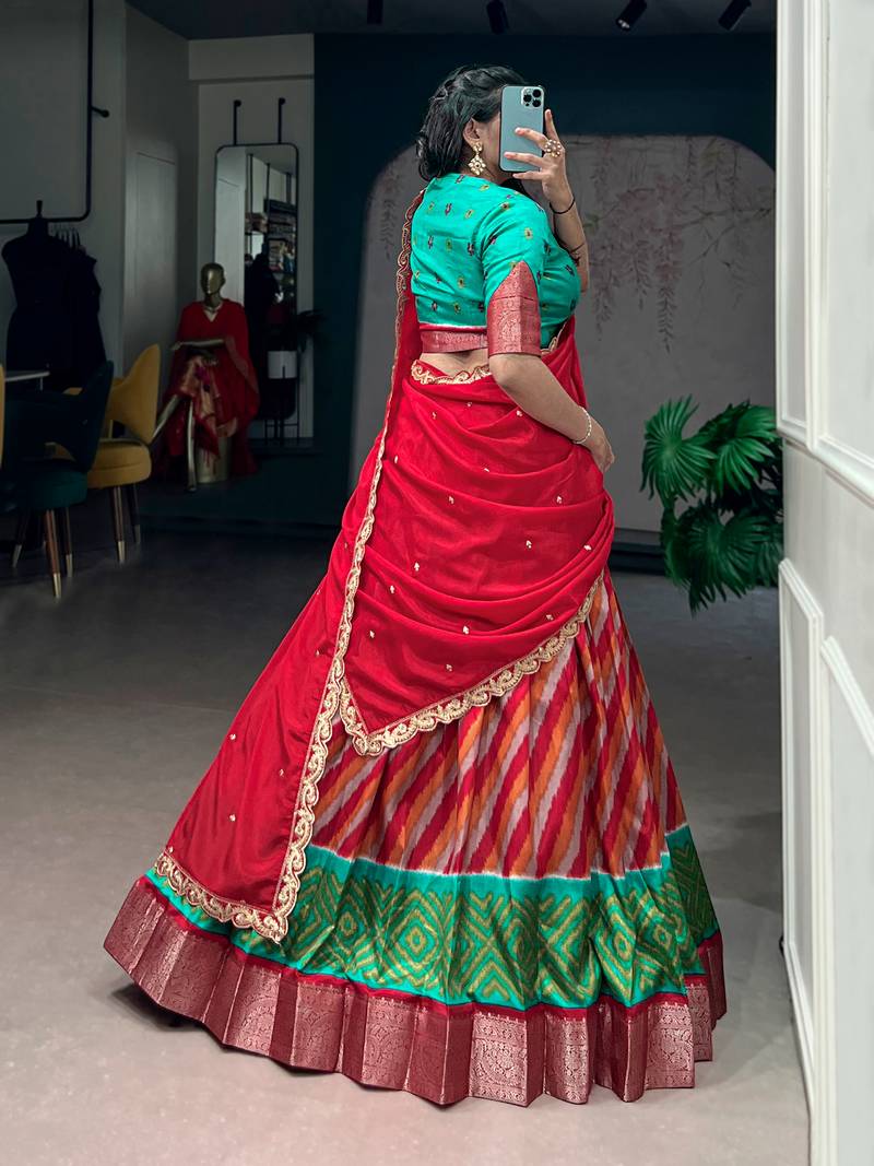 Women Leheriya Print Tasar Silk Lehenga Set with Zari Work & Chinon Sequins Dupatta