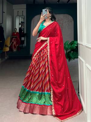 Women Leheriya Print Tasar Silk Lehenga Set with Zari Work & Chinon Sequins Dupatta 4