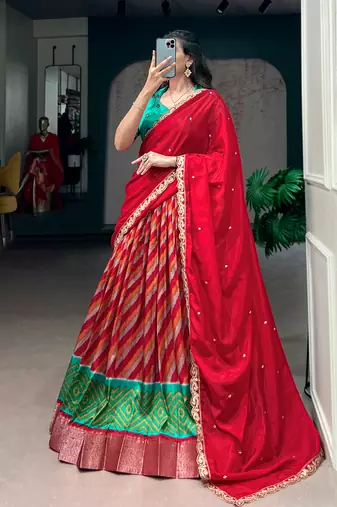 Women Traditional Leheriya Print Tasar Silk Lehenga Set with Zari Work & Chinon Sequins Dupatta
