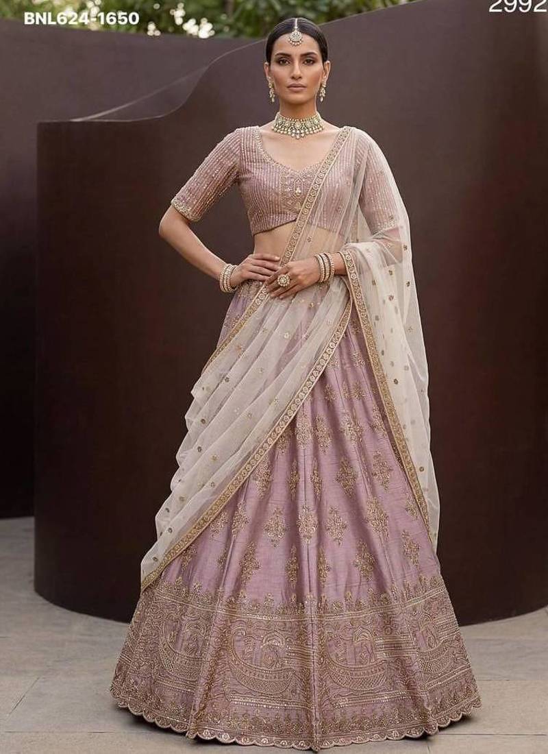 Onion pink silk blend embroidered lehenga choli