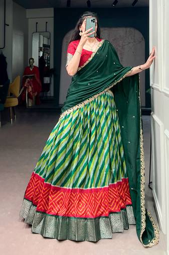 Women Leheriya Print Tasar Silk Lehenga Set with Zari Work & Chinon Sequins Dupatta