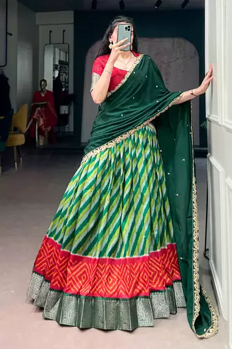 Women Traditional Leheriya Print Tasar Silk Lehenga Set with Zari Work & Chinon Sequins Dupatta