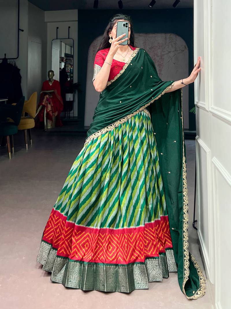 Women Leheriya Print Tasar Silk Lehenga Set with Zari Work & Chinon Sequins Dupatta