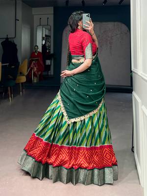 Women Leheriya Print Tasar Silk Lehenga Set with Zari Work & Chinon Sequins Dupatta 3