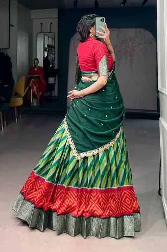 Women Traditional Leheriya Print Tasar Silk Lehenga Set with Zari Work & Chinon Sequins Dupatta