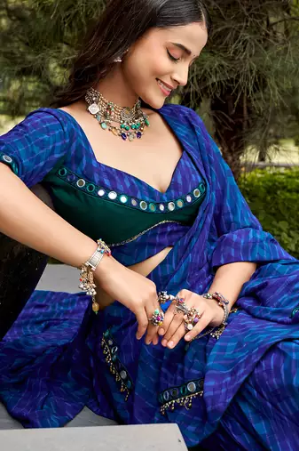 women's georgette printed lehenga choli with sequins embroidery & mirror work dupatta set - free size