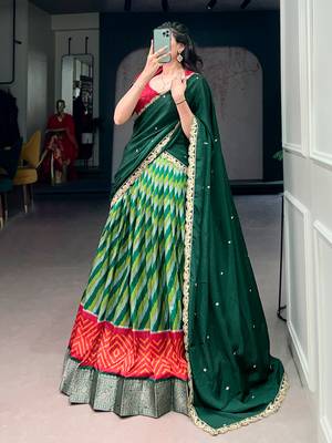 Women Leheriya Print Tasar Silk Lehenga Set with Zari Work & Chinon Sequins Dupatta 4