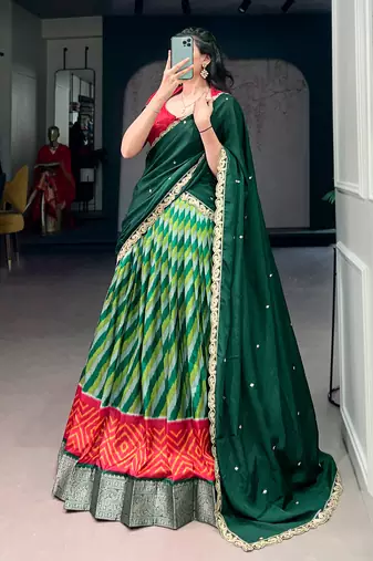 Women Traditional Leheriya Print Tasar Silk Lehenga Set with Zari Work & Chinon Sequins Dupatta