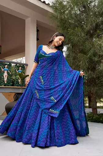 women's georgette printed lehenga choli with sequins embroidery & mirror work dupatta set - free size