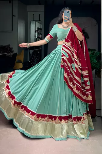 women embroidered rayon lehenga choli with mal cotton dupatta for garba & navratri - free size