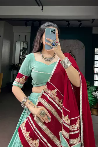 women embroidered rayon lehenga choli with mal cotton dupatta for garba & navratri - free size