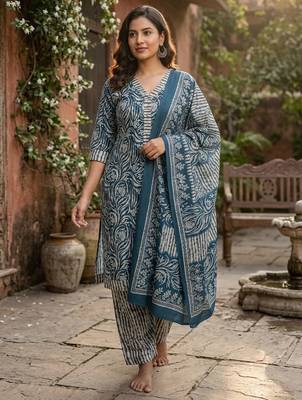 Teal printed cotton blend stitched floral print salwar kurta dupatta for women 3