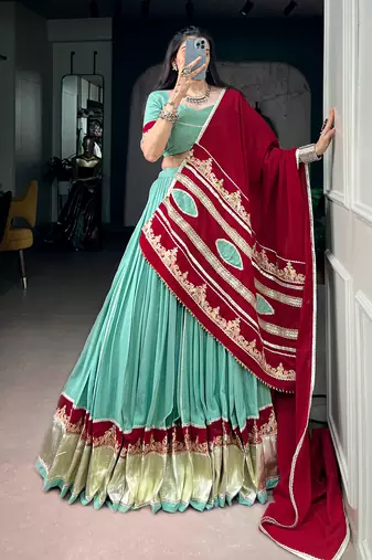 women embroidered rayon lehenga choli with mal cotton dupatta for garba & navratri - free size