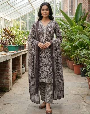 Purple printed cotton blend stitched floral print salwar kurta dupatta for women 3