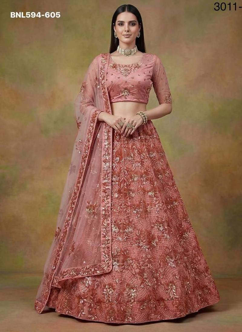 Pink net embroidered lehenga choli