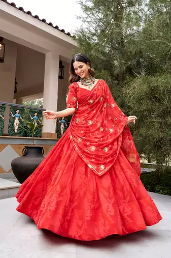 women's georgette printed lehenga choli with sequins embroidery & mirror work dupatta set - free size