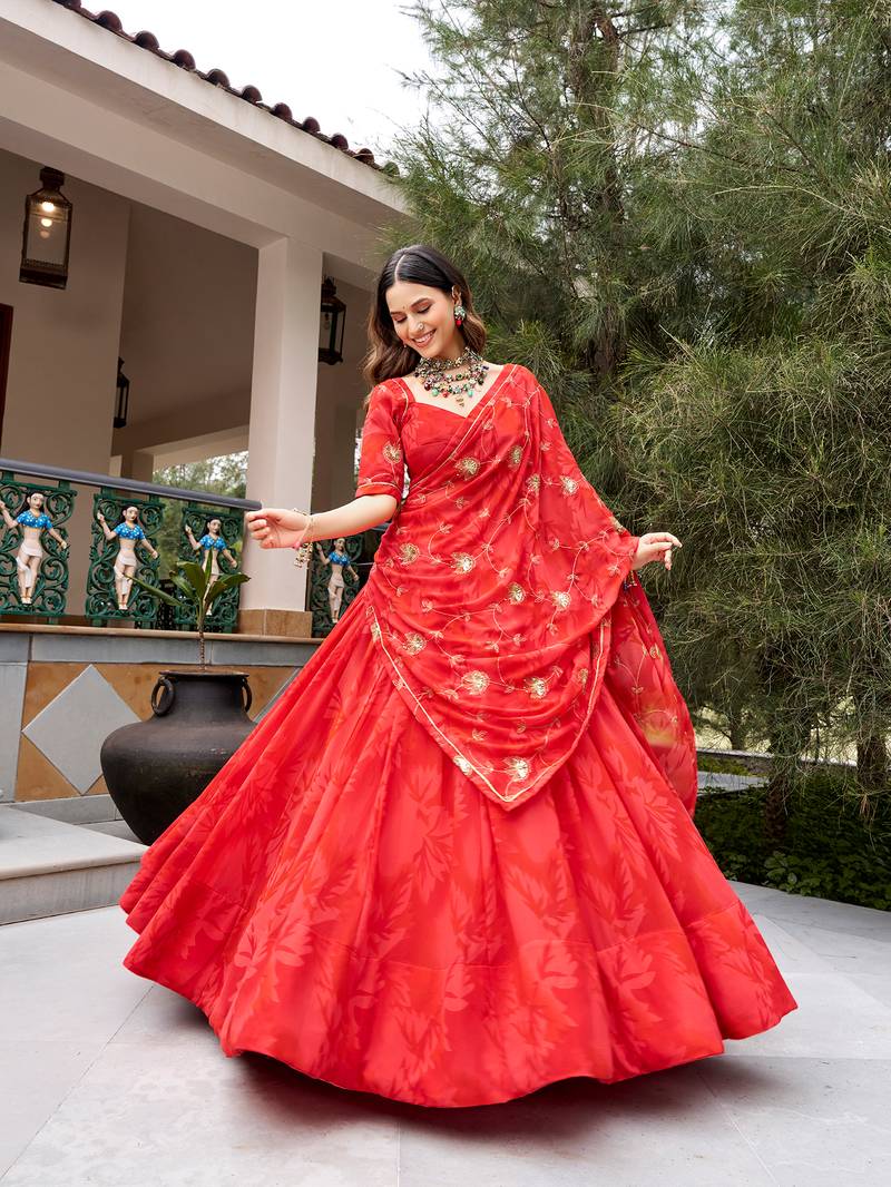 women's georgette printed lehenga choli with sequins embroidery & mirror work dupatta set - free size