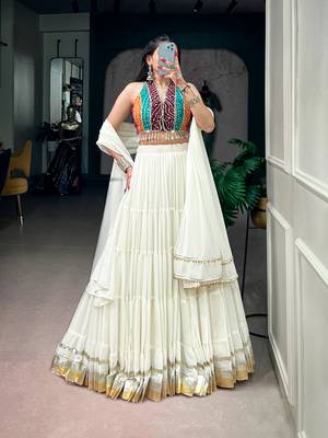 women embroidered off white tiered lehenga set with bandhani mirror work blouse for garba & navratri - free size 1