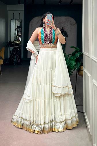 women embroidered off white tiered lehenga set with bandhani mirror work blouse for garba & navratri - free size