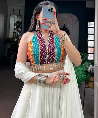 women embroidered off white tiered lehenga set with bandhani mirror work blouse for garba & navratri - free size 2