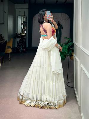 women embroidered off white tiered lehenga set with bandhani mirror work blouse for garba & navratri - free size 3
