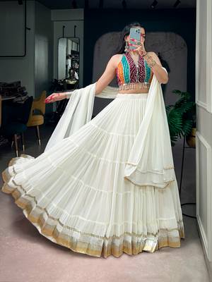 women embroidered off white tiered lehenga set with bandhani mirror work blouse for garba & navratri - free size 4