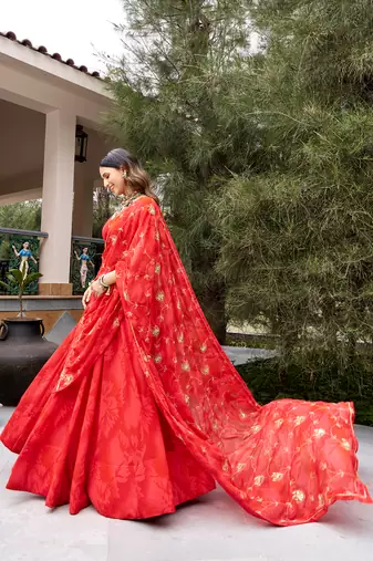 women's georgette printed lehenga choli with sequins embroidery & mirror work dupatta set - free size