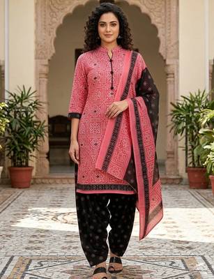 Pink printed cotton blend stitched geometric print salwar kurta dupatta for women 4