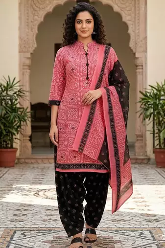 Pink printed cotton blend stitched geometric print salwar kurta dupatta for women
