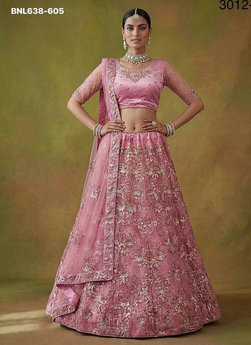 Pink net embroidered lehenga choli