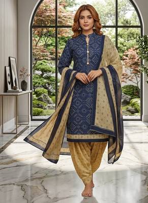 Blue printed cotton blend stitched ethnic motif print salwar kurta dupatta for women 4