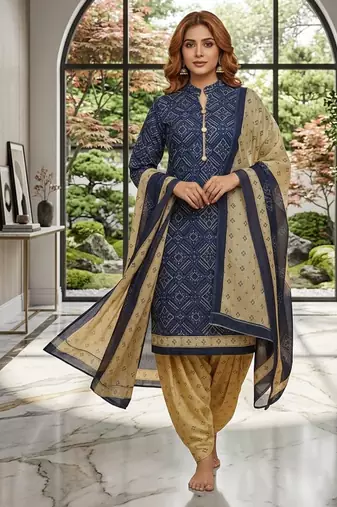 Blue printed cotton blend stitched ethnic motif print salwar kurta dupatta for women