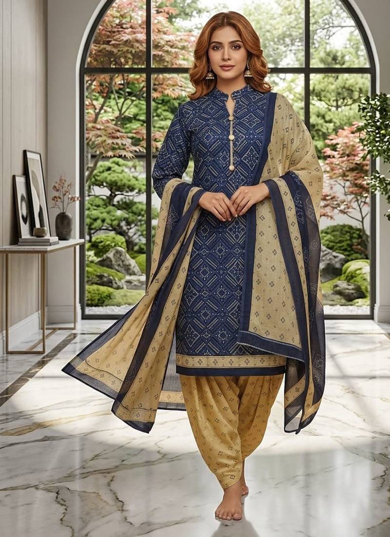 Blue printed cotton blend stitched ethnic motif print salwar kurta dupatta for women