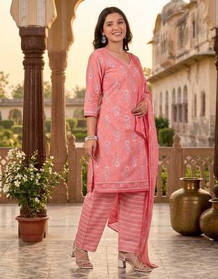 Peach printed cotton blend stitched ethnic motif print salwar kurta dupatta for women 4