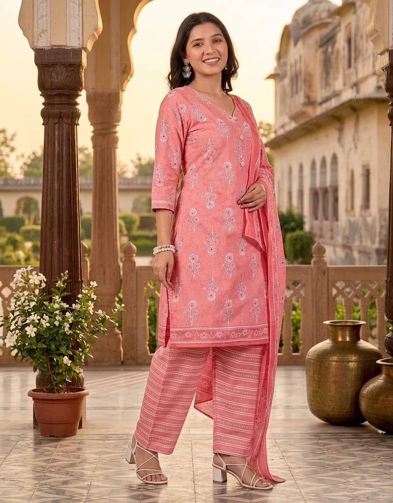 Peach printed cotton blend stitched ethnic motif print salwar kurta dupatta for women