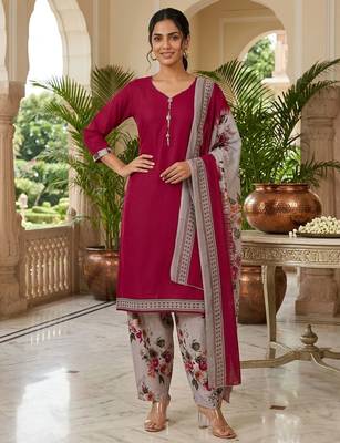 Red printed cotton blend stitched floral print salwar kurta dupatta for women 4