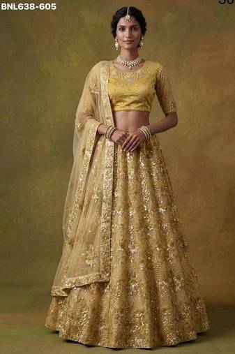 Mustard net embroidered lehenga choli