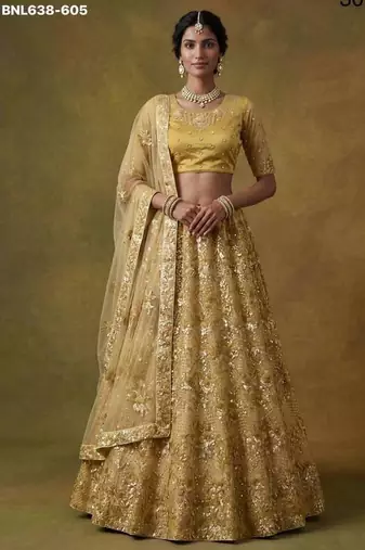 Mustard net embroidered lehenga choli