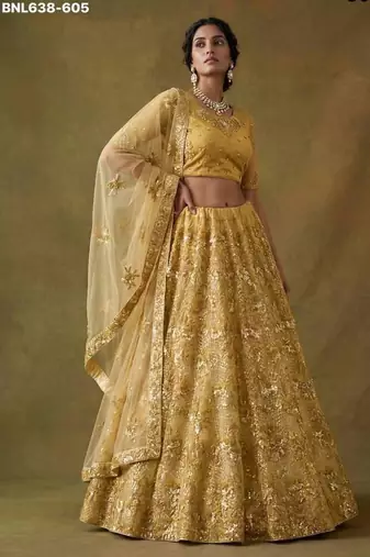Mustard net embroidered lehenga choli