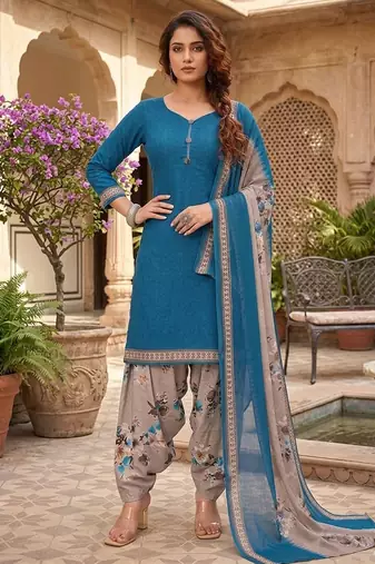 Teal printed cotton blend stitched floral print salwar kurta dupatta for women
