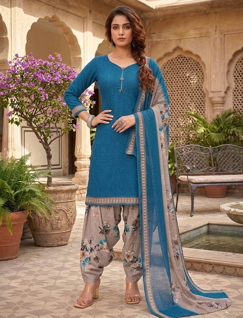 Teal printed cotton blend stitched floral print salwar kurta dupatta for women