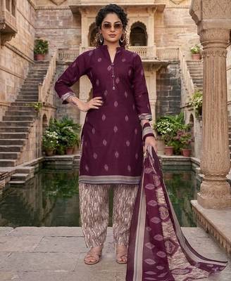 Wine printed cotton blend stitched geometric print salwar kurta dupatta for women 3