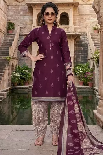 Wine printed cotton blend stitched geometric print salwar kurta dupatta for women