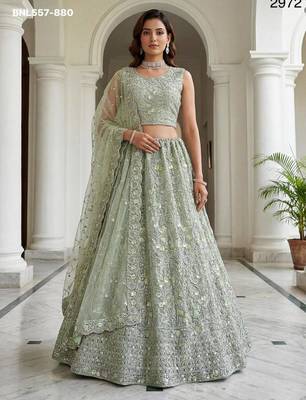 Light green zari and sequin embroidered net lehenga set 1