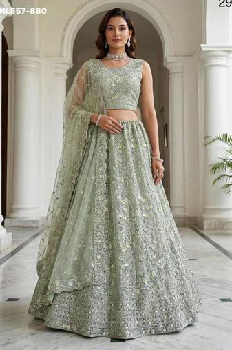 Light green zari and sequin embroidered net lehenga set