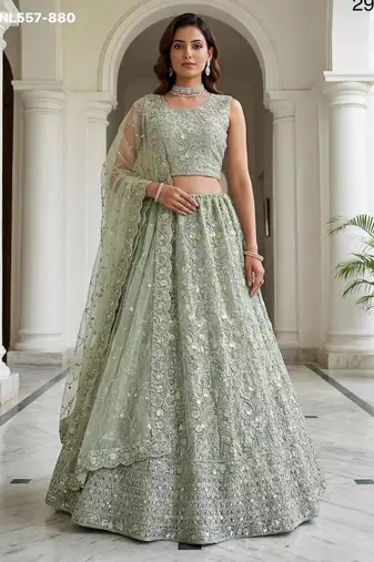 Light green zari and sequin embroidered net lehenga set