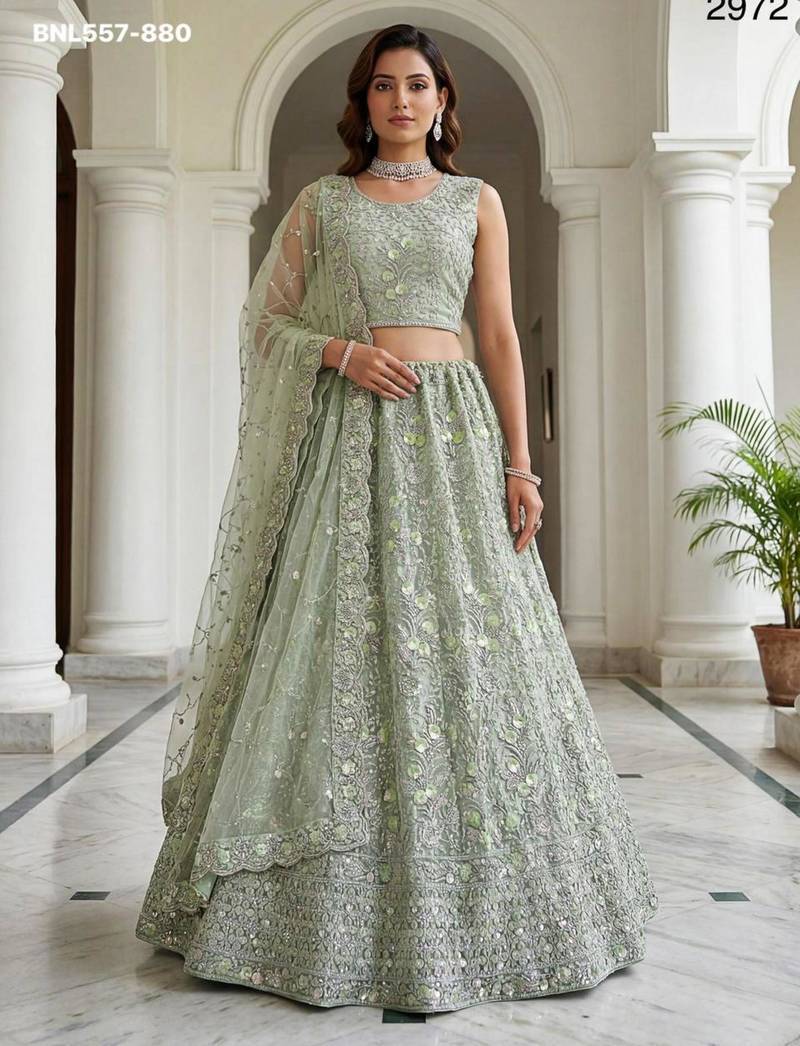 Light green zari and sequin embroidered net lehenga set