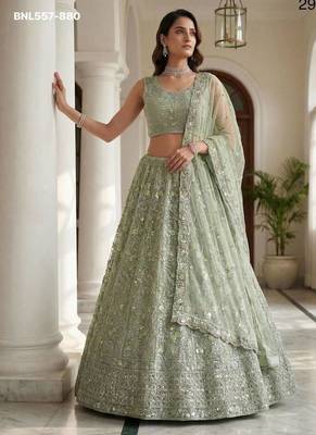 Light green zari and sequin embroidered net lehenga set 2